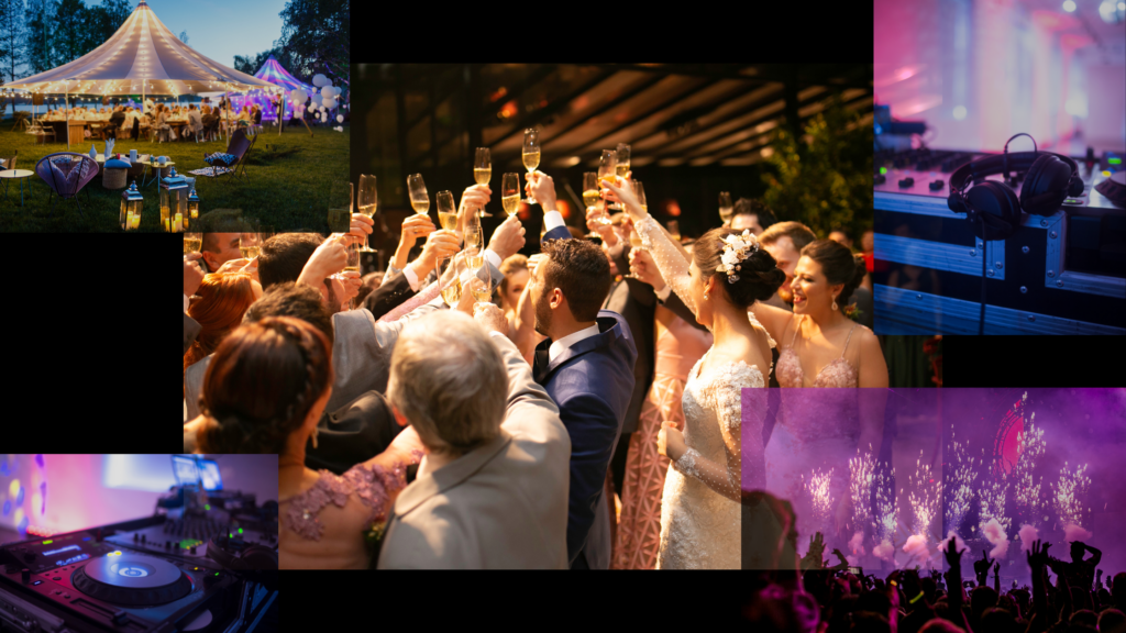 A collage depicting joyful moments of people celebrating together at a wedding, showcasing love and happiness.
