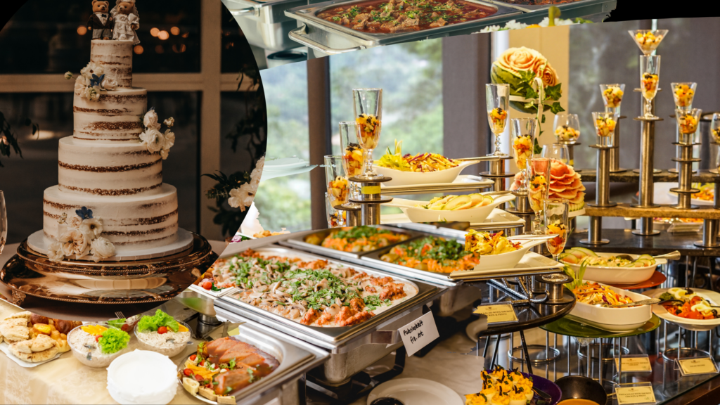 A collage of different presentation of foods in a wedding with a cake at the left.