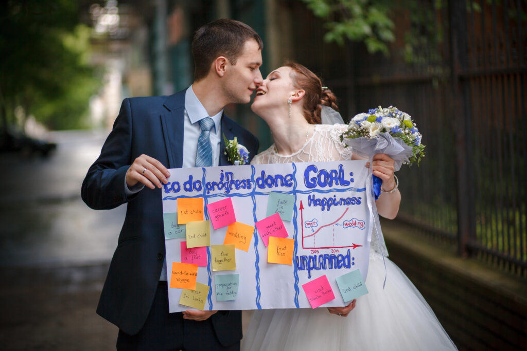 Couple kissing while showing their goals for their wedding.